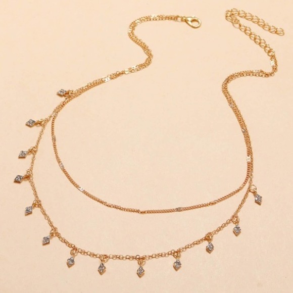 Double Layered Gold Drop Triangle Diamond Necklace - Picture 3 of 7